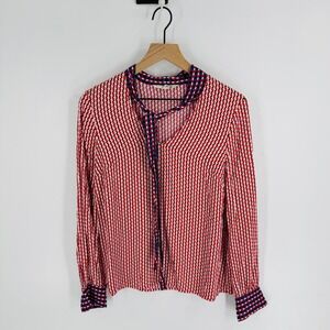 Boden Red Blue Geometric Pussybow  Long Sleeve Top Size US 8 Office Preppy Work